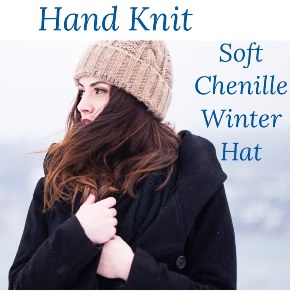 Handmade Knit Hat Warm Winter Soft Chenille Handcrafted Tan Gold Womens One Size
